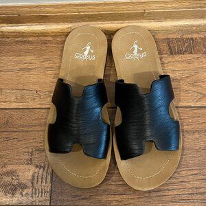 Corkys "Bogalusa" Slip on Sandal Black Smooth Sz 6